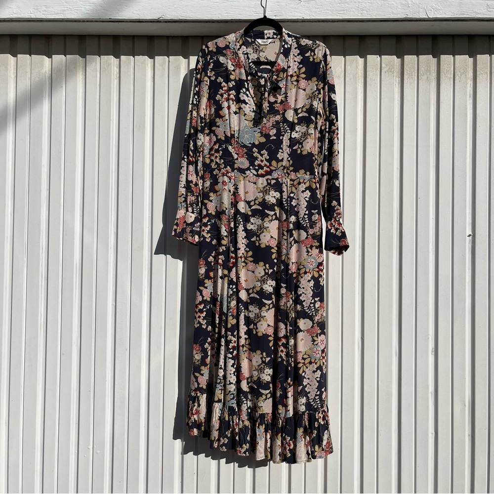 Toast UK navy floral print viscose long sleeve midi maxi dress